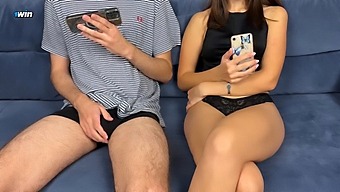 Stepbrother Joins Stepsister In Watching Porn And Masturbating Together, But She Surprises Him With A Handjob And Facial Cumshot